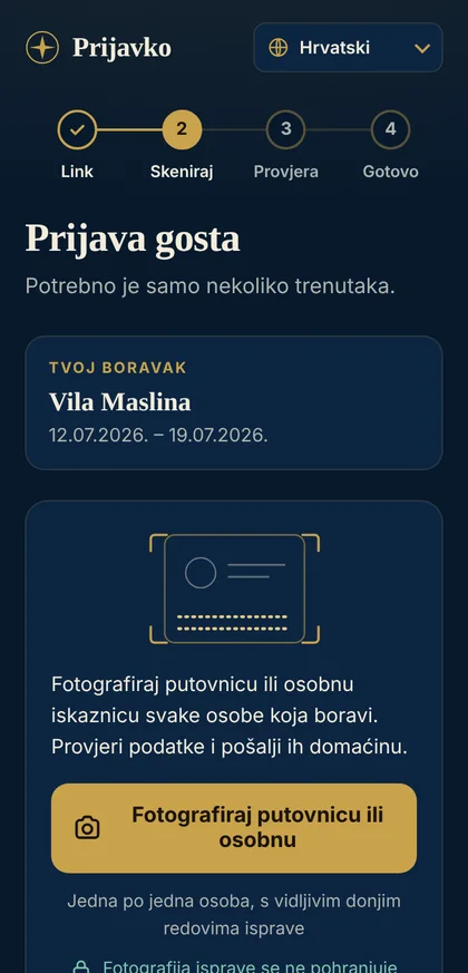 Stranica za prijavu gosta: smještaj, datumi boravka i gumb za fotografiranje isprave