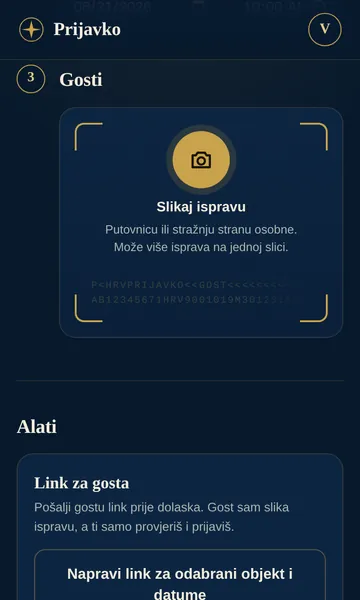 Prijavko: gumb Slikaj ispravu za putovnicu ili osobnu iskaznicu