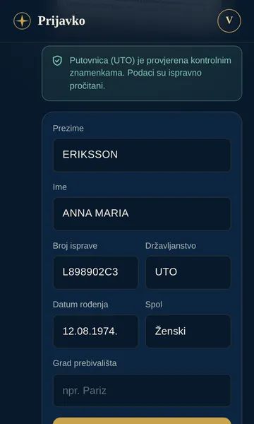 Prijavko: očitani podaci gosta s potvrdom da su provjereni kontrolnim znamenkama